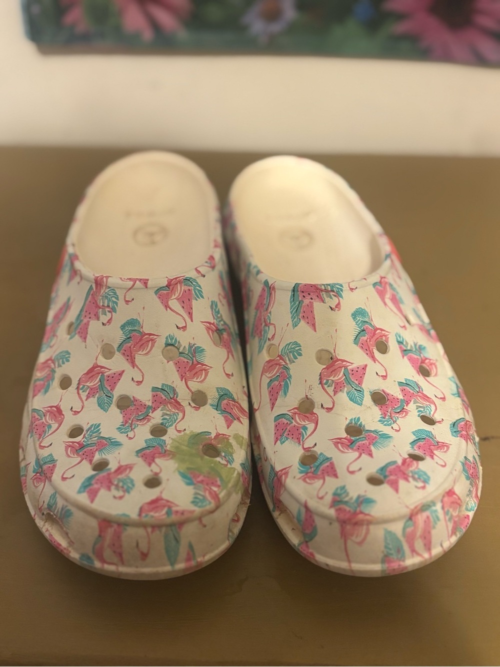 CROCS White Slip-On Clogs with Pink Flamingo & Teal Leaf Print